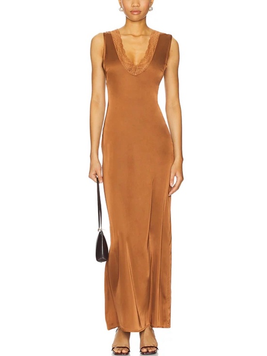 Lioness Dresses & Skirts - LIONESS Simi Bronze Satin Lace Maxi Dress Small New With Tags